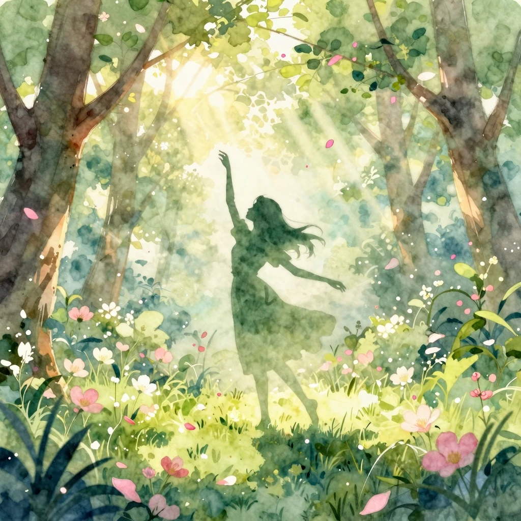 Watercolor style. Silhouette of a girl dancing in a blooming...