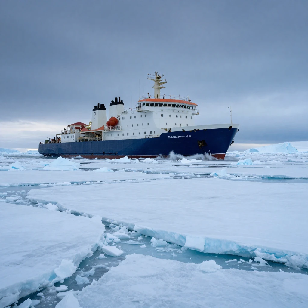 A majestic icebreaker ship, seen from a slight distance, pow...