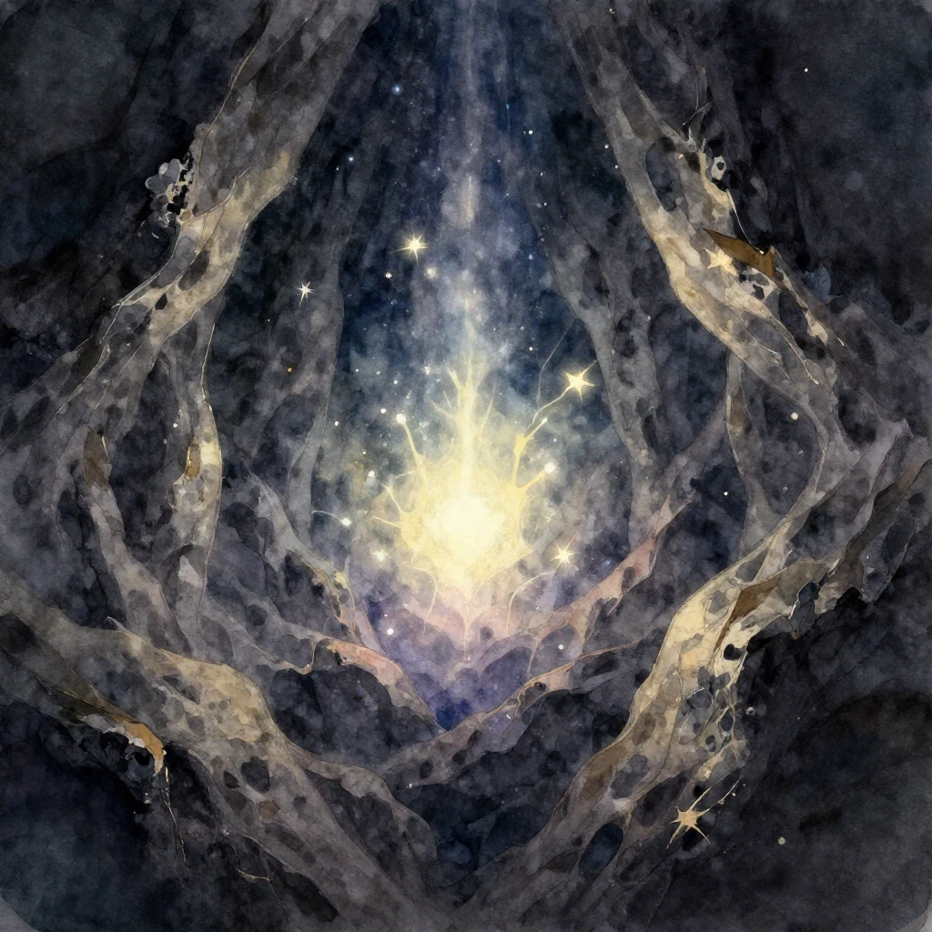 An abstract, glowing magical spark deep within a dark, myste...