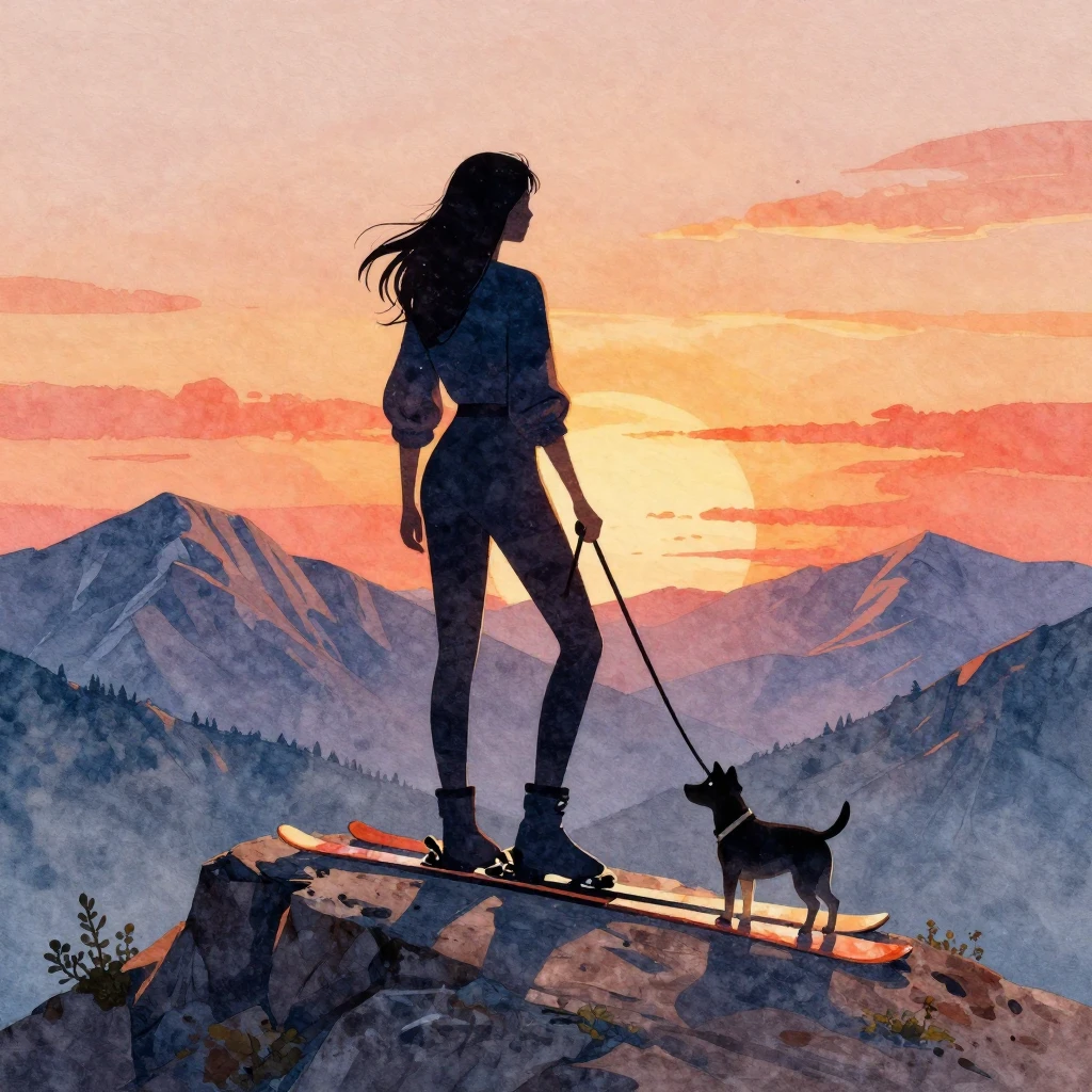 Watercolor illustration of a silhouette of a stylish woman w...