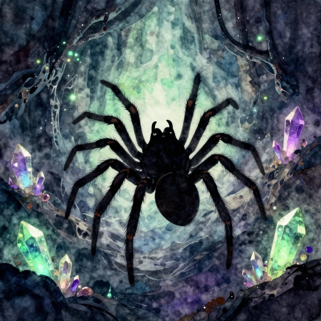 A giant spider silhouette in a dark fantasy cave, surrounded...