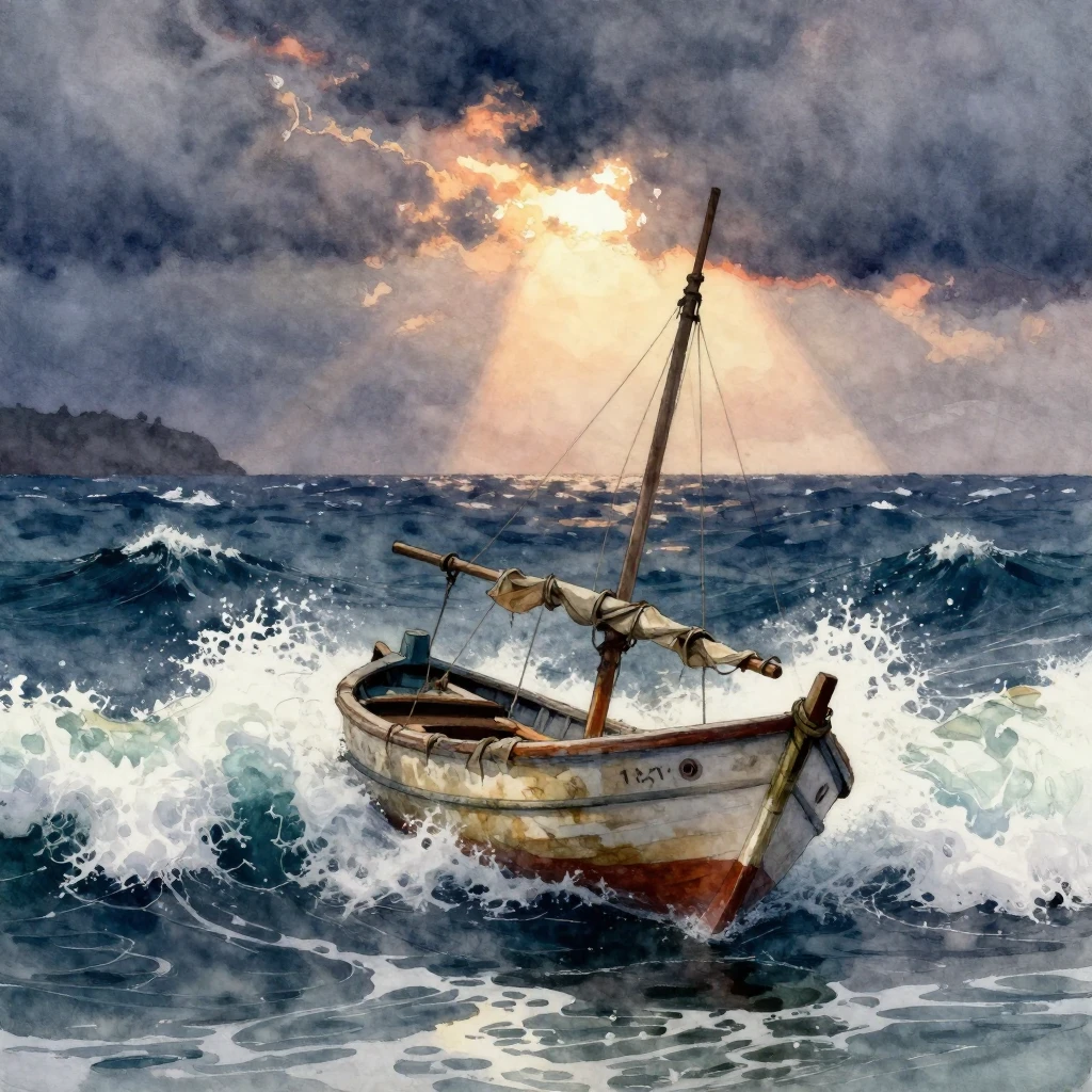 A small, old fishing boat, a 'barkas', with a broken mast an...