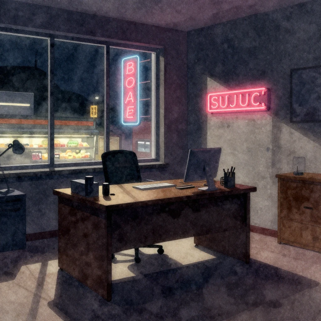A watercolor illustration of a dark office room at night. A ...
