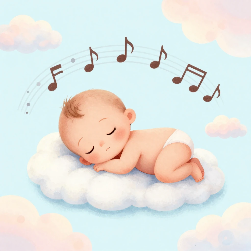 A whimsical illustration of a sleeping baby surrounded by so...