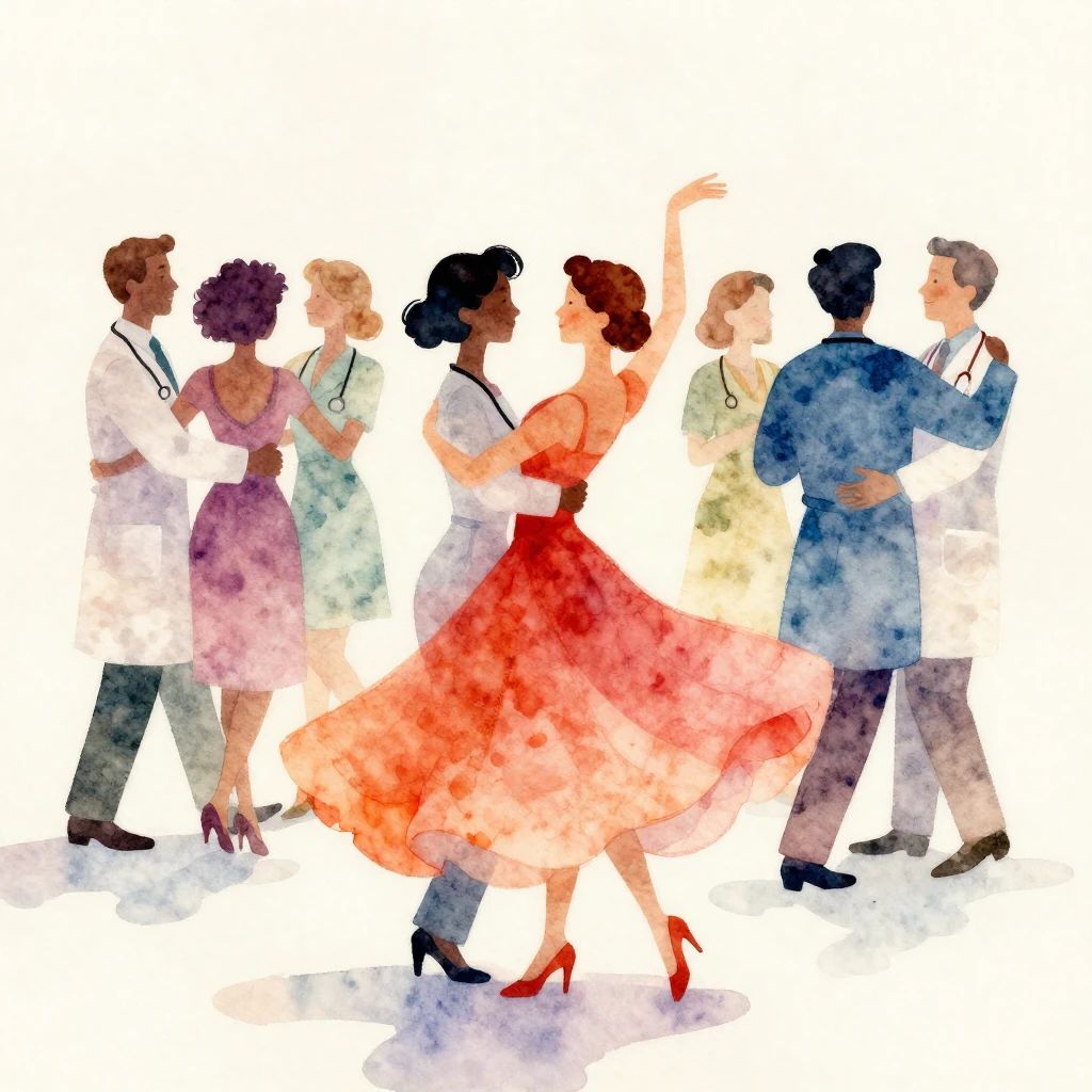 Vibrant watercolor illustration, vintage style. A group of d...