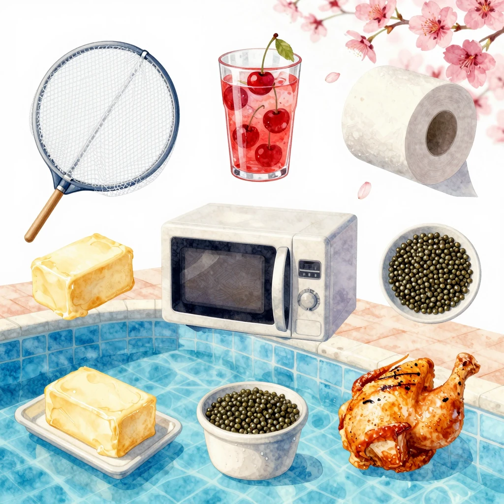 A whimsical, surreal collage of everyday objects: a mosquito...