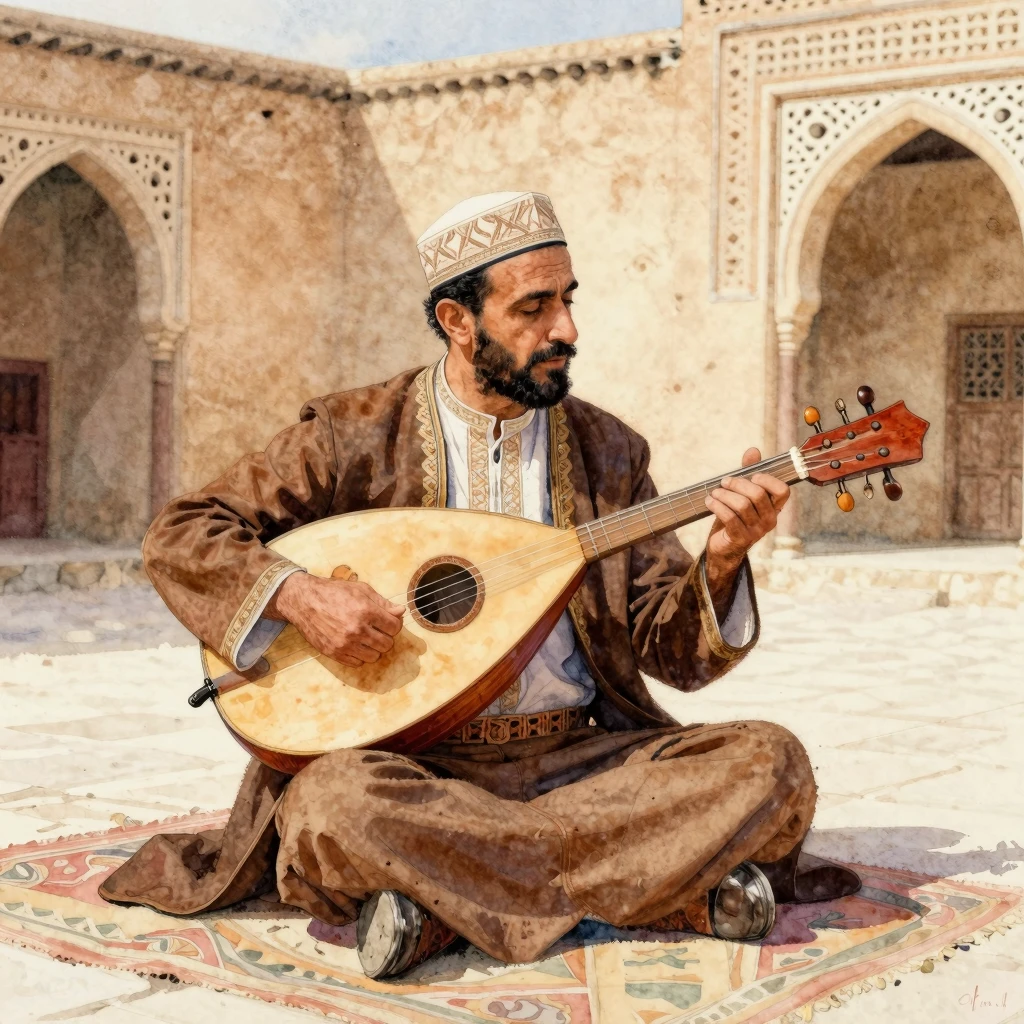 A watercolor painting of a traditional Algerian musician pla...