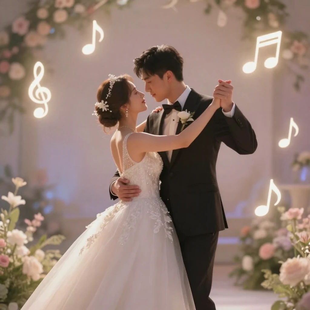 A whimsical scene depicting a romantic wedding. A couple is ...