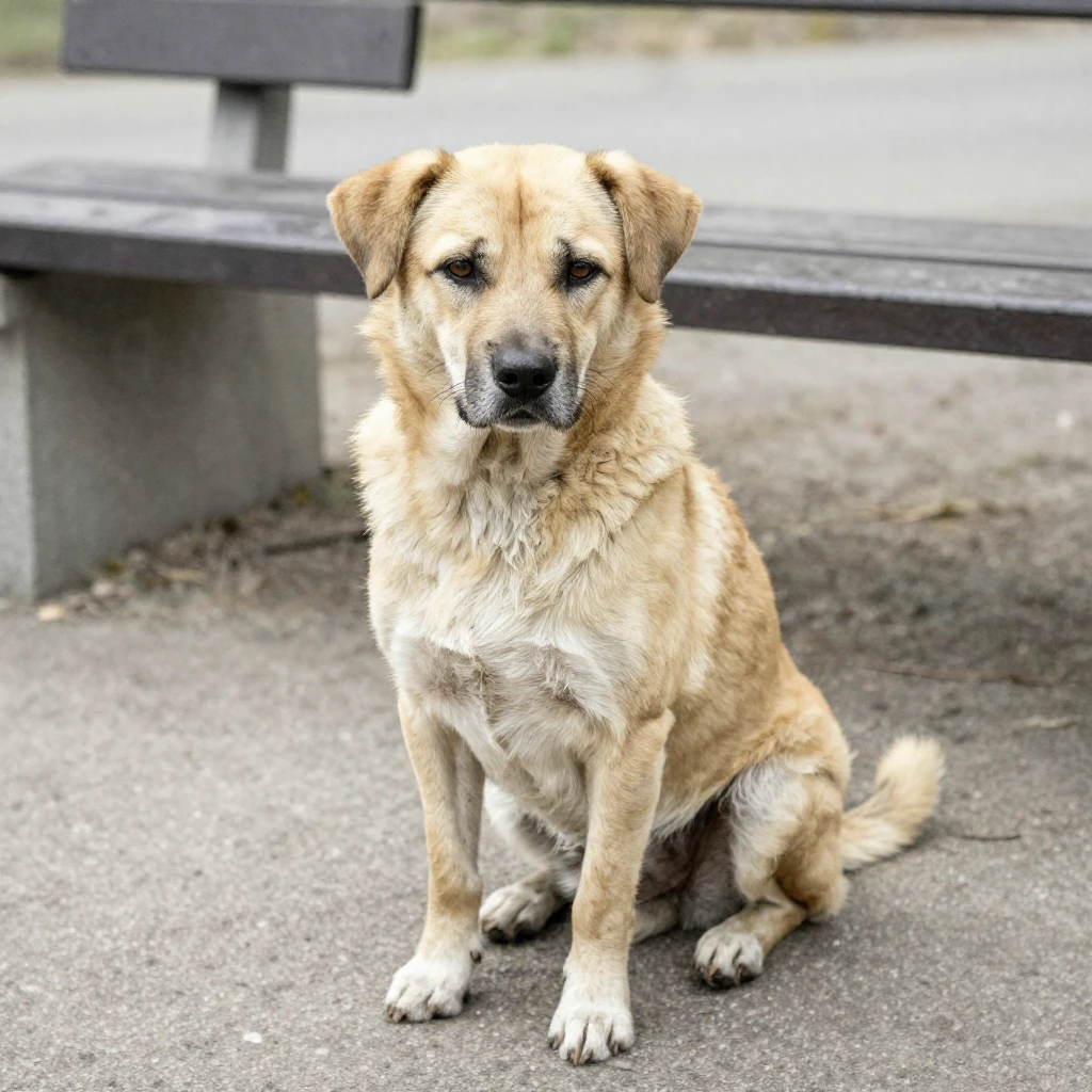 A stray dog sitting alone, looking sad, with expressive eyes...