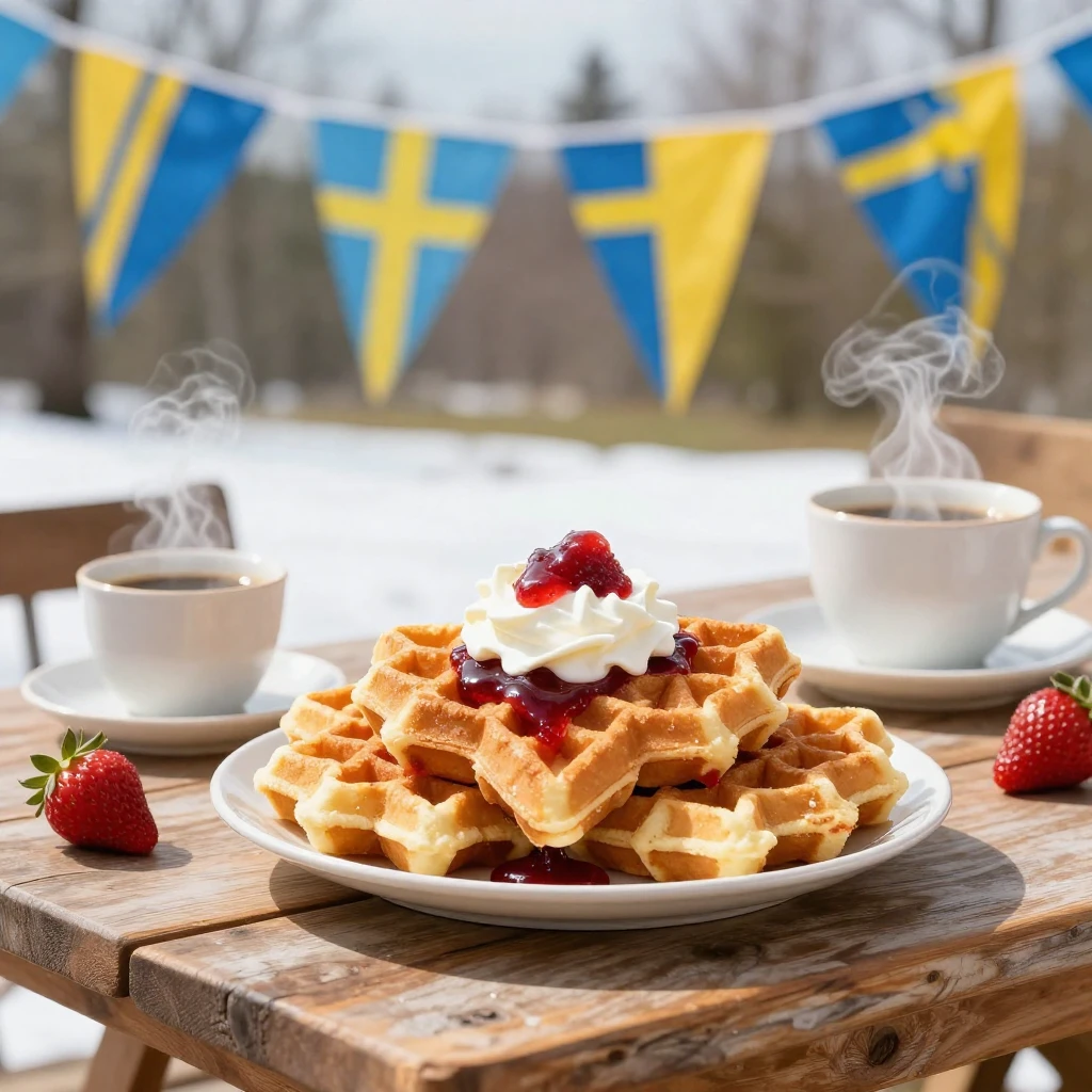 A festive outdoor scene for Swedish Waffle Day. A rustic woo...