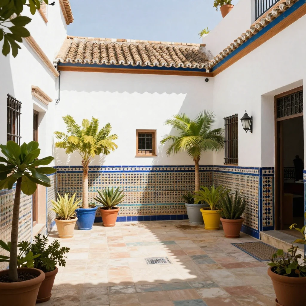 A sun-drenched Andalusian courtyard with whitewashed walls, ...