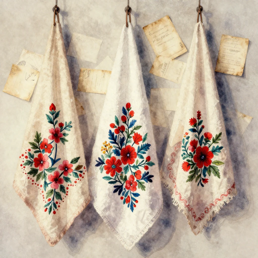 A vibrant watercolor painting depicting faded, antique embro...