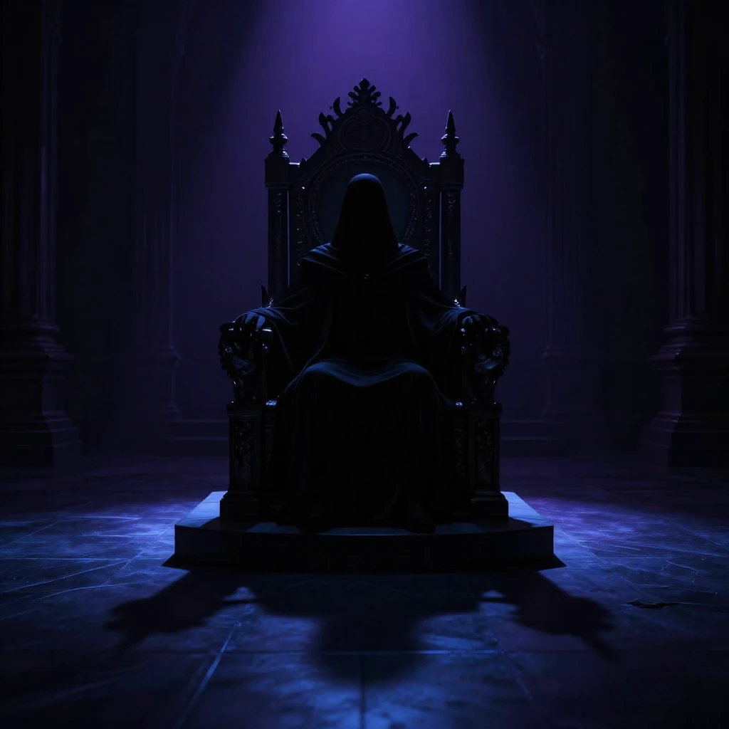 A grand, dark throne room with a single, imposing throne. Sh...