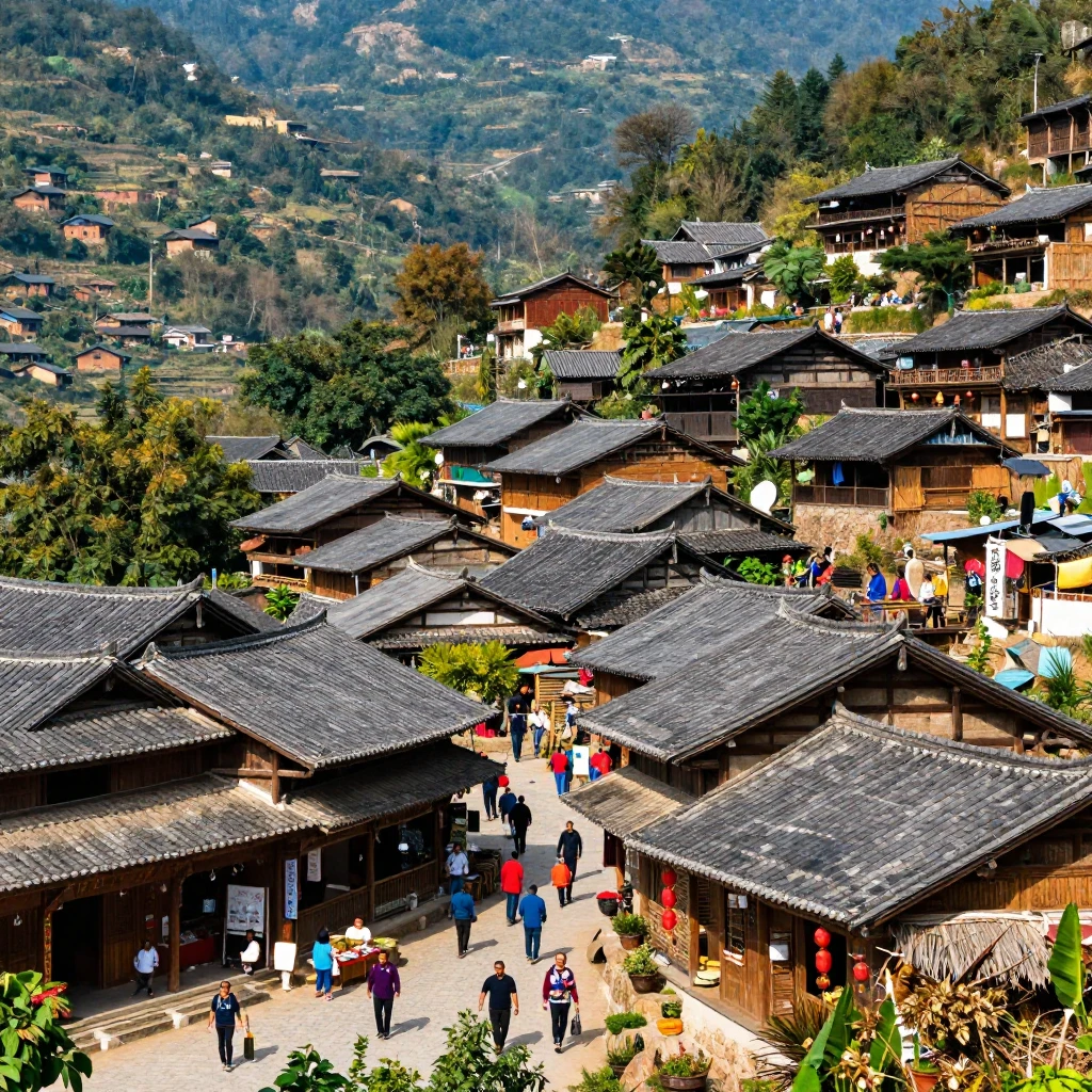A vibrant, bustling village nestled in a valley, with tradit...