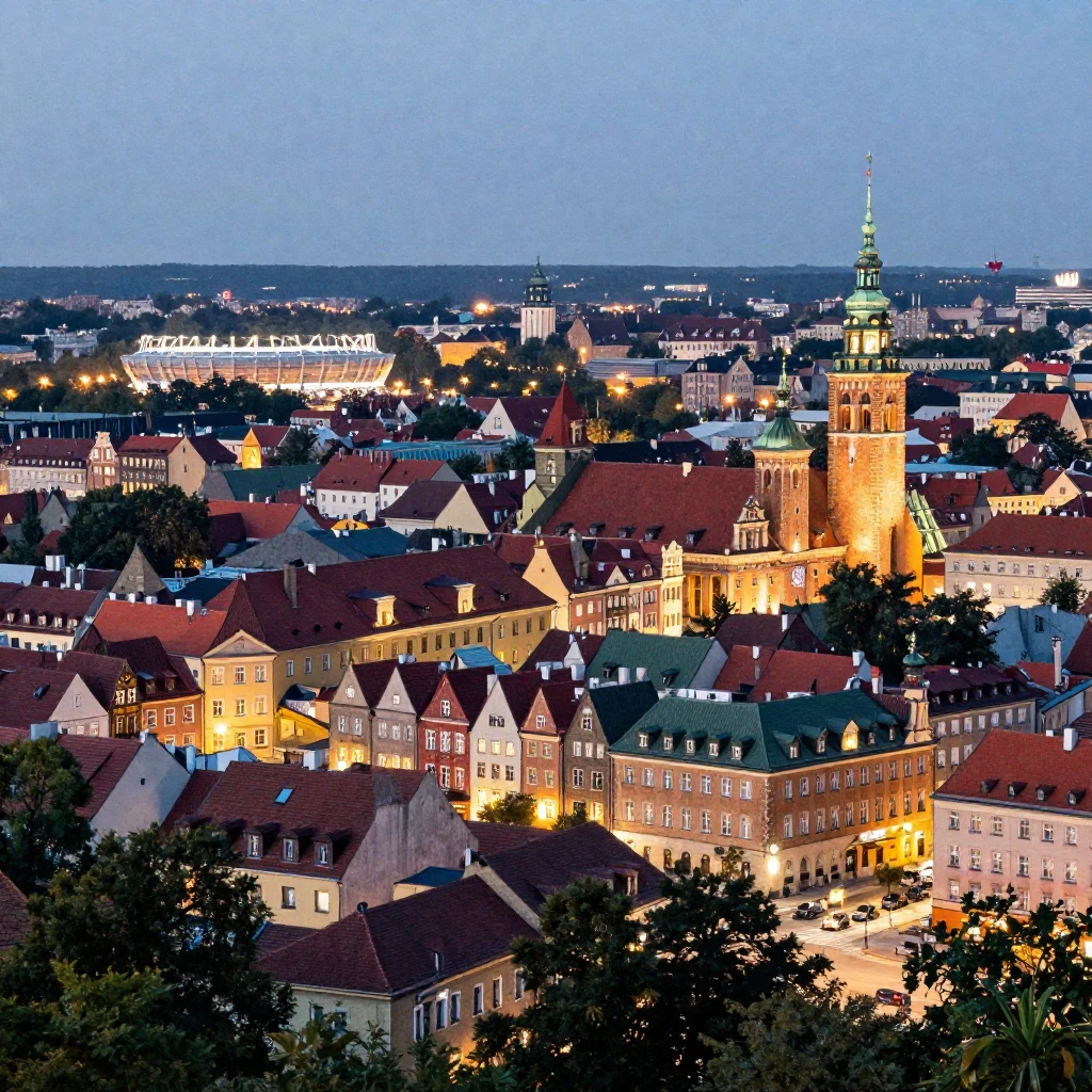 A wide shot of the city of Poznań at twilight, seen from a h...