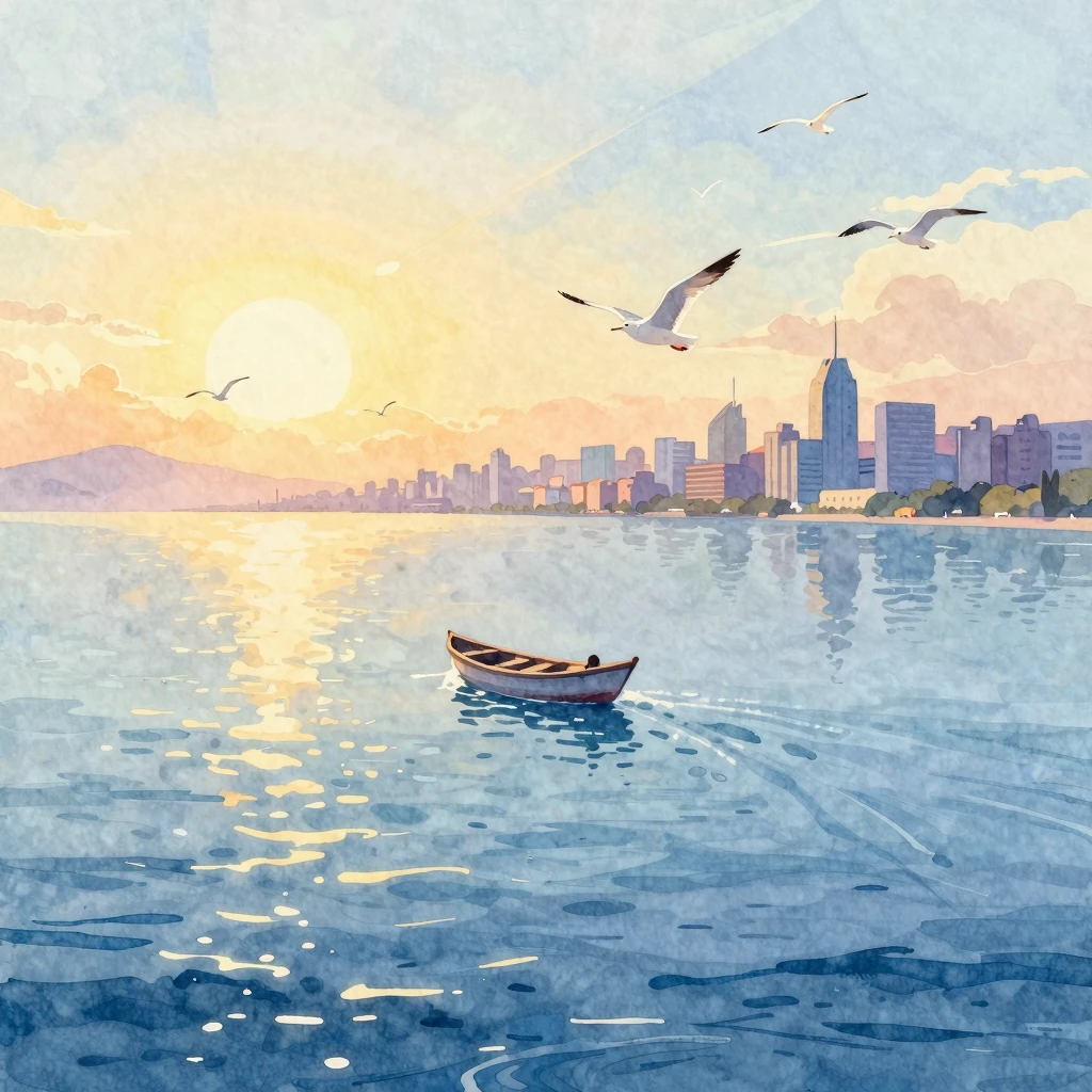 Vibrant watercolor style. A small boat drifting on a vast, c...