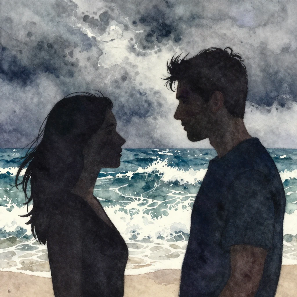 A vibrant watercolor painting depicting two human silhouette...