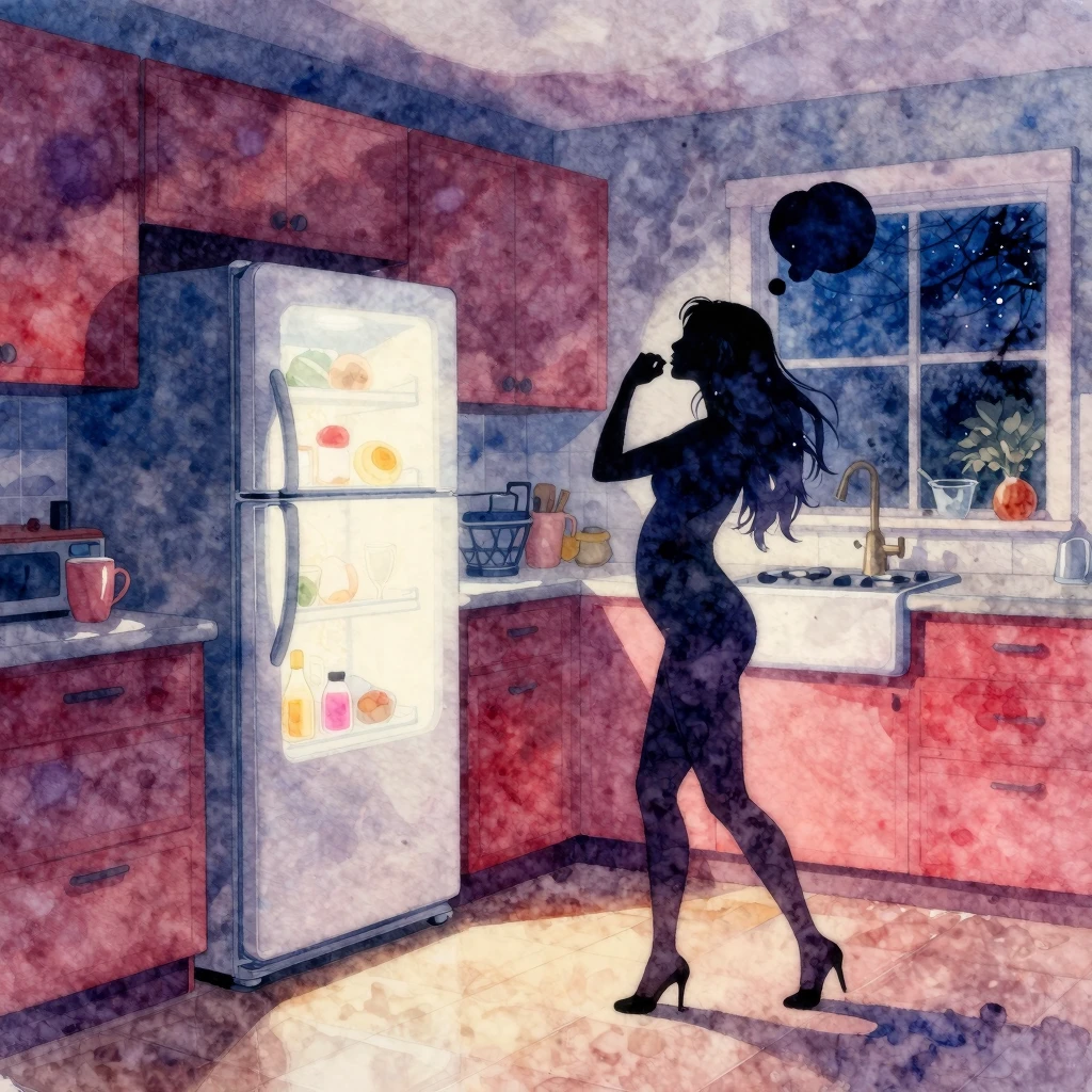 Vibrant watercolor style. Nighttime kitchen, glowing fridge,...