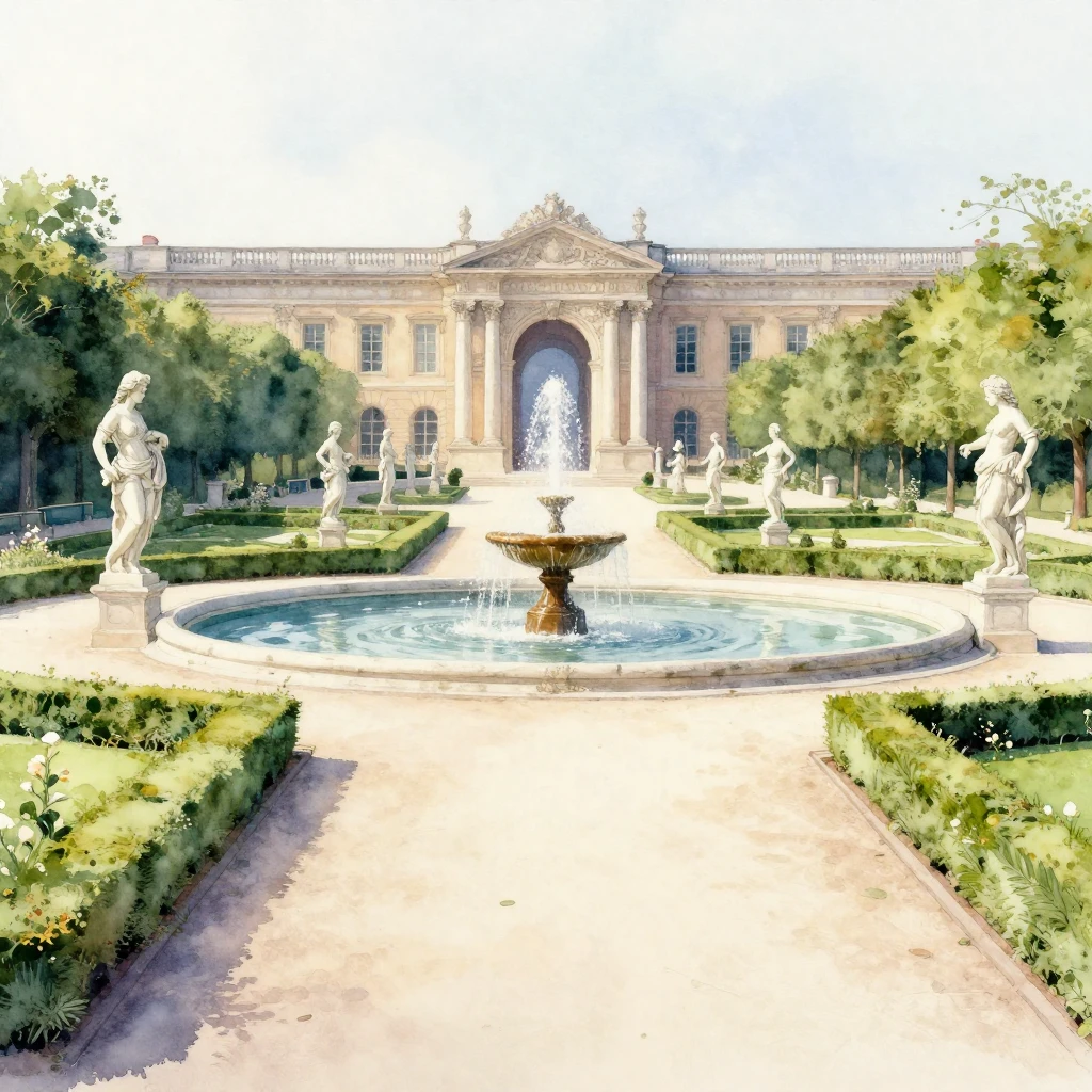 A watercolor painting of a grand classical garden. It featur...