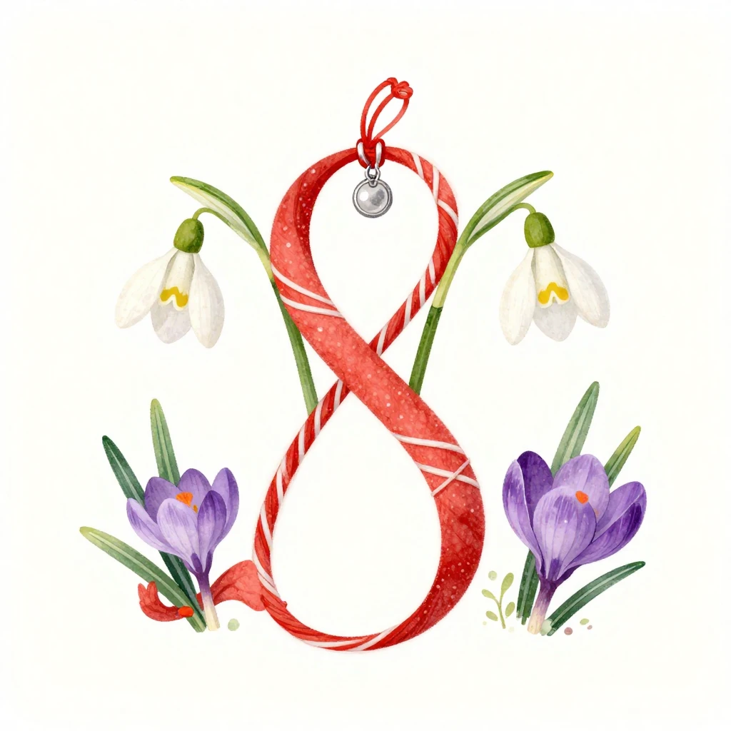 A whimsical illustration of a Martisor symbol (red and white...