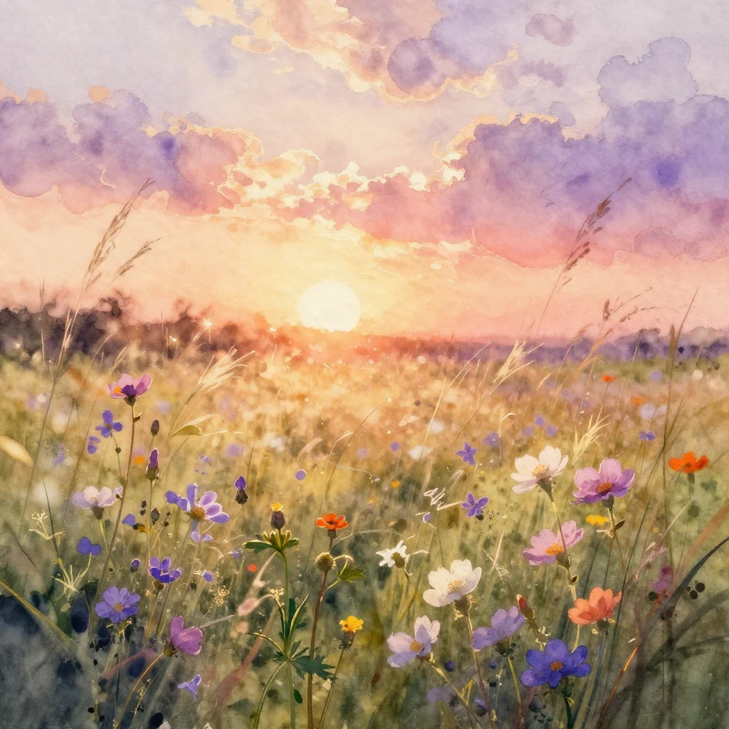 A watercolor painting depicting a blooming wildflower meadow...
