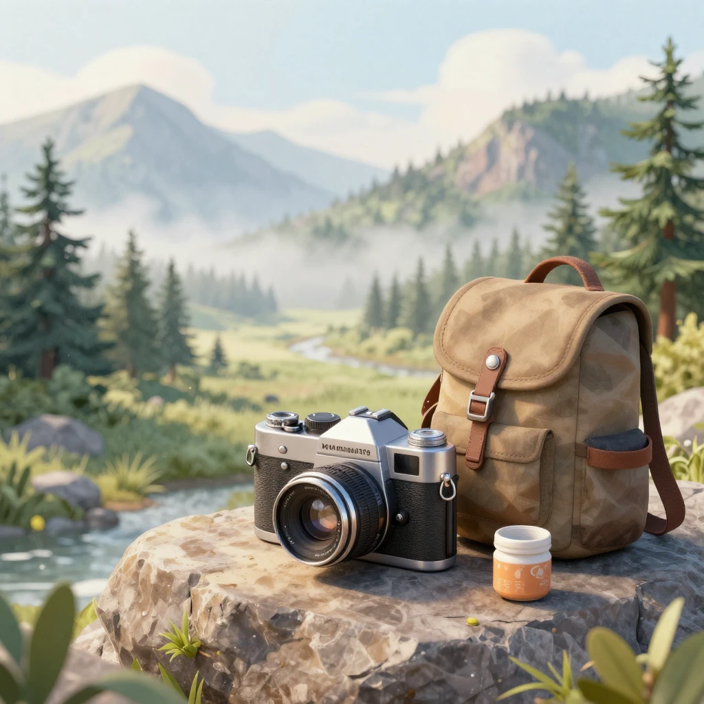 Watercolor style vintage photo camera and hiking gear restin...