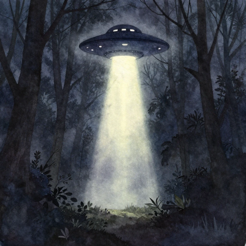 A watercolor painting of a dark, misty forest at night. A br...