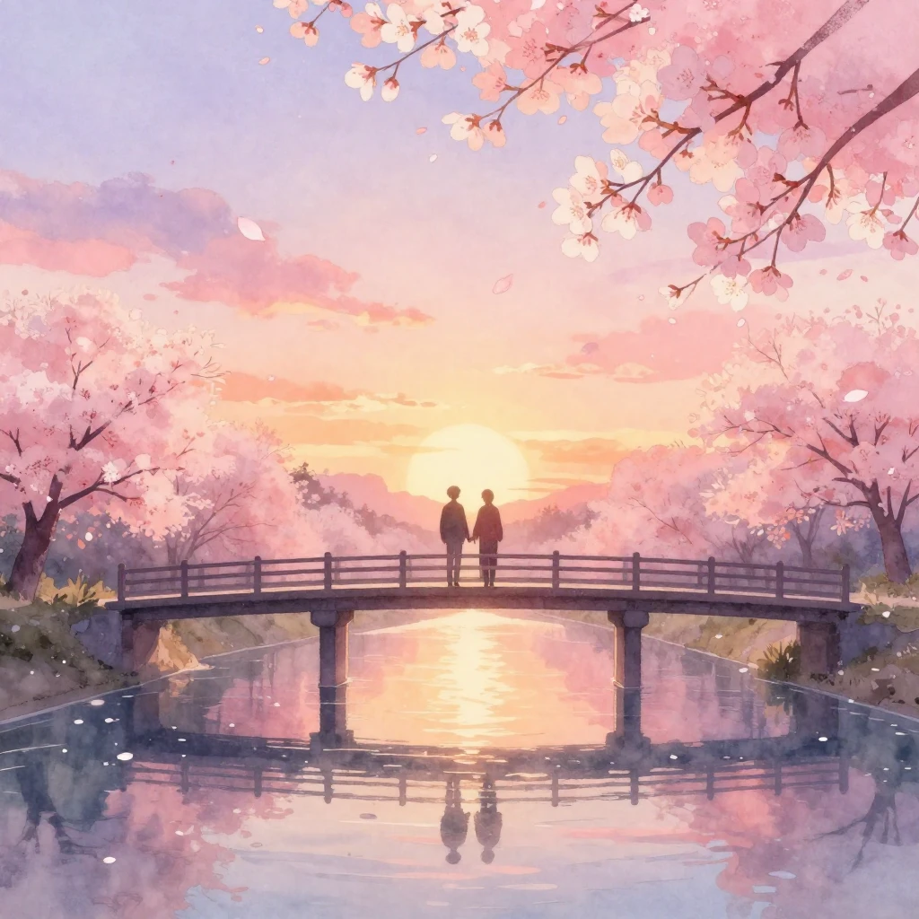 A dreamy watercolor illustration of two silhouettes standing...