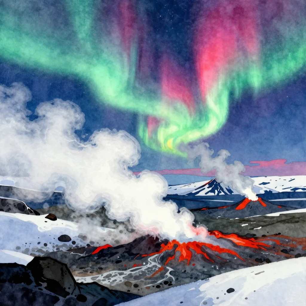 Dramatic Icelandic landscape with volcanic steam, snow, and ...