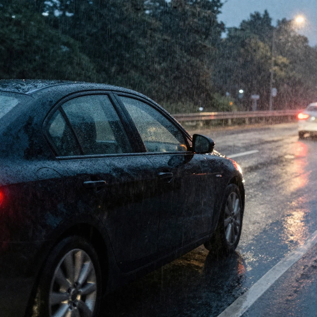 A black car speeding on a rainy highway at night, blurred ci...