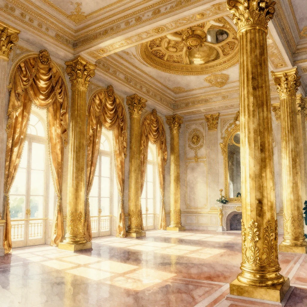 A grand, luxurious palace interior with towering golden colu...