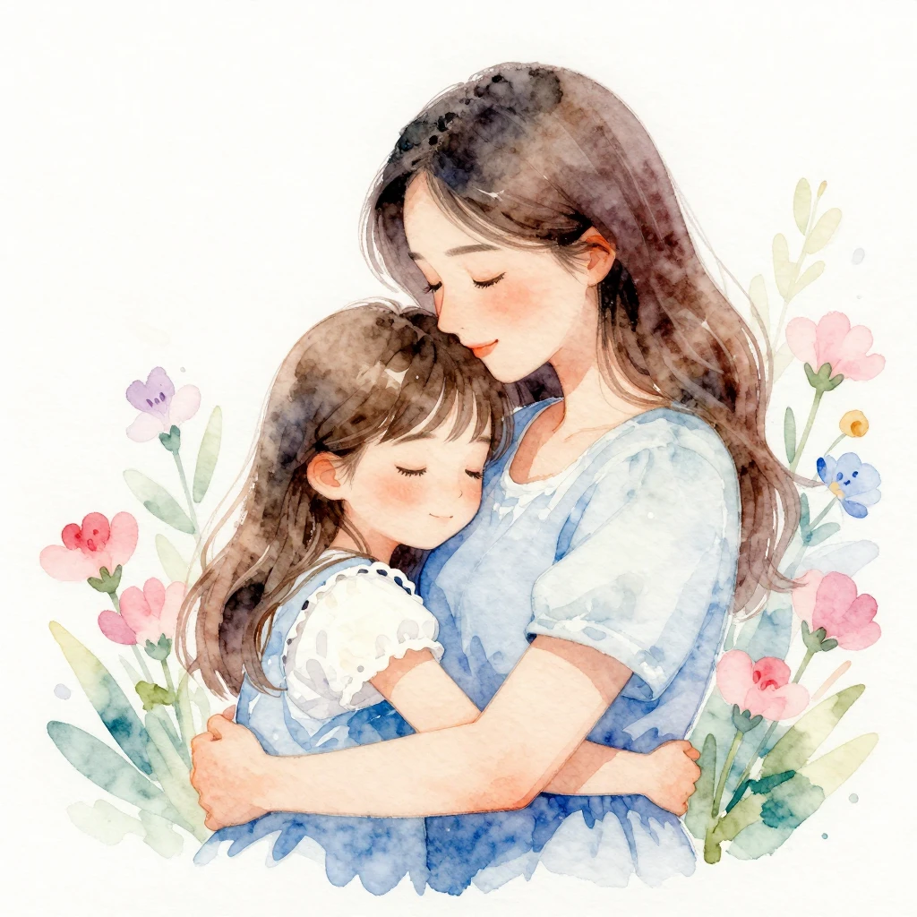 A watercolor painting of a mother and daughter sharing a hug...