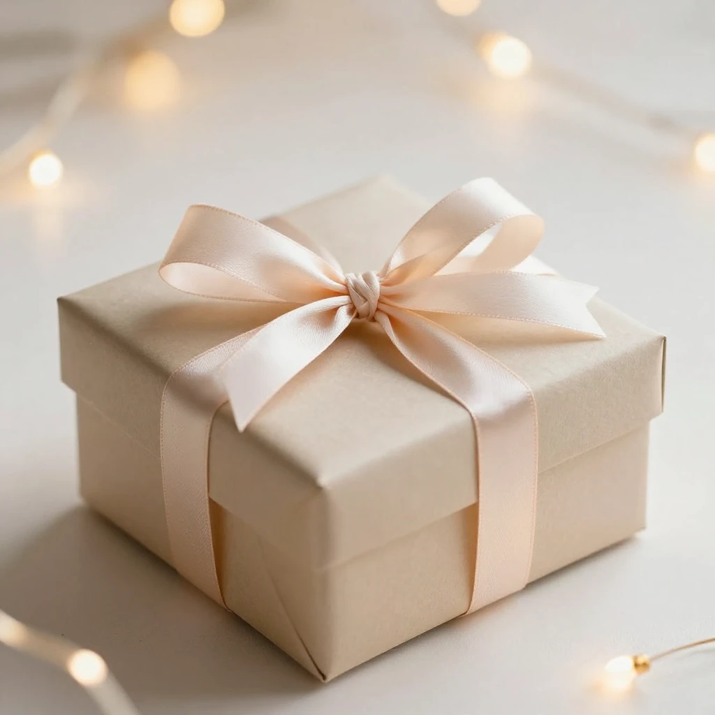 A beautifully wrapped gift box with a delicate ribbon, surro...