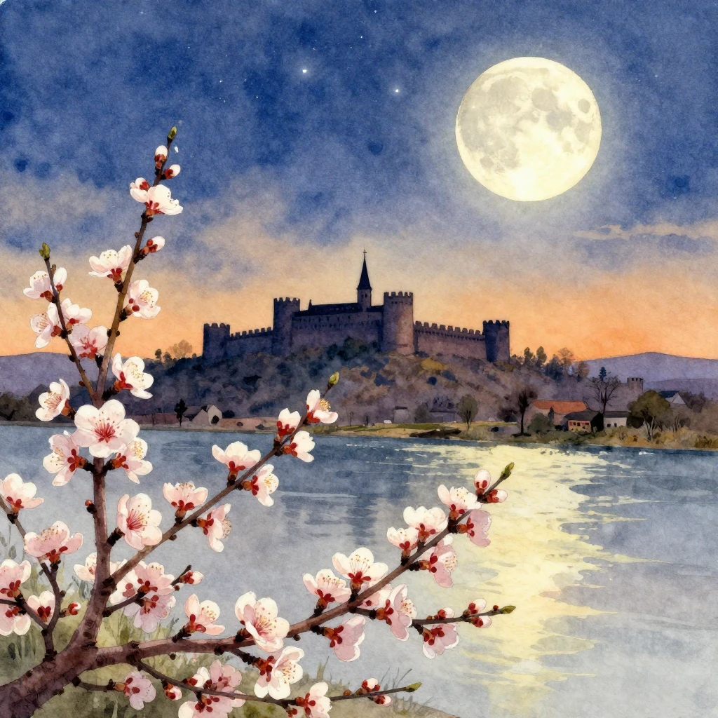 A watercolor painting with blooming almond branches prominen...