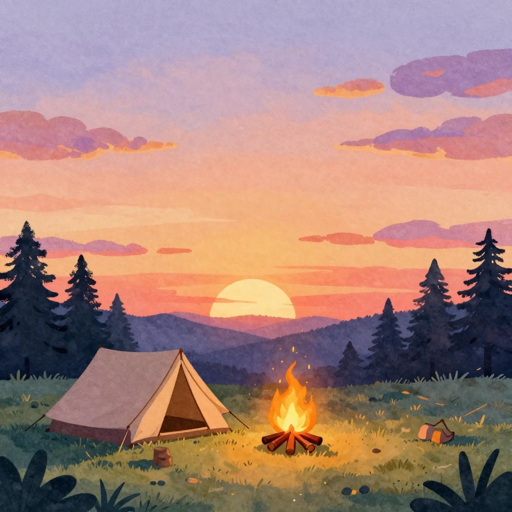 A watercolor illustration of a camping scene at sunset, with...