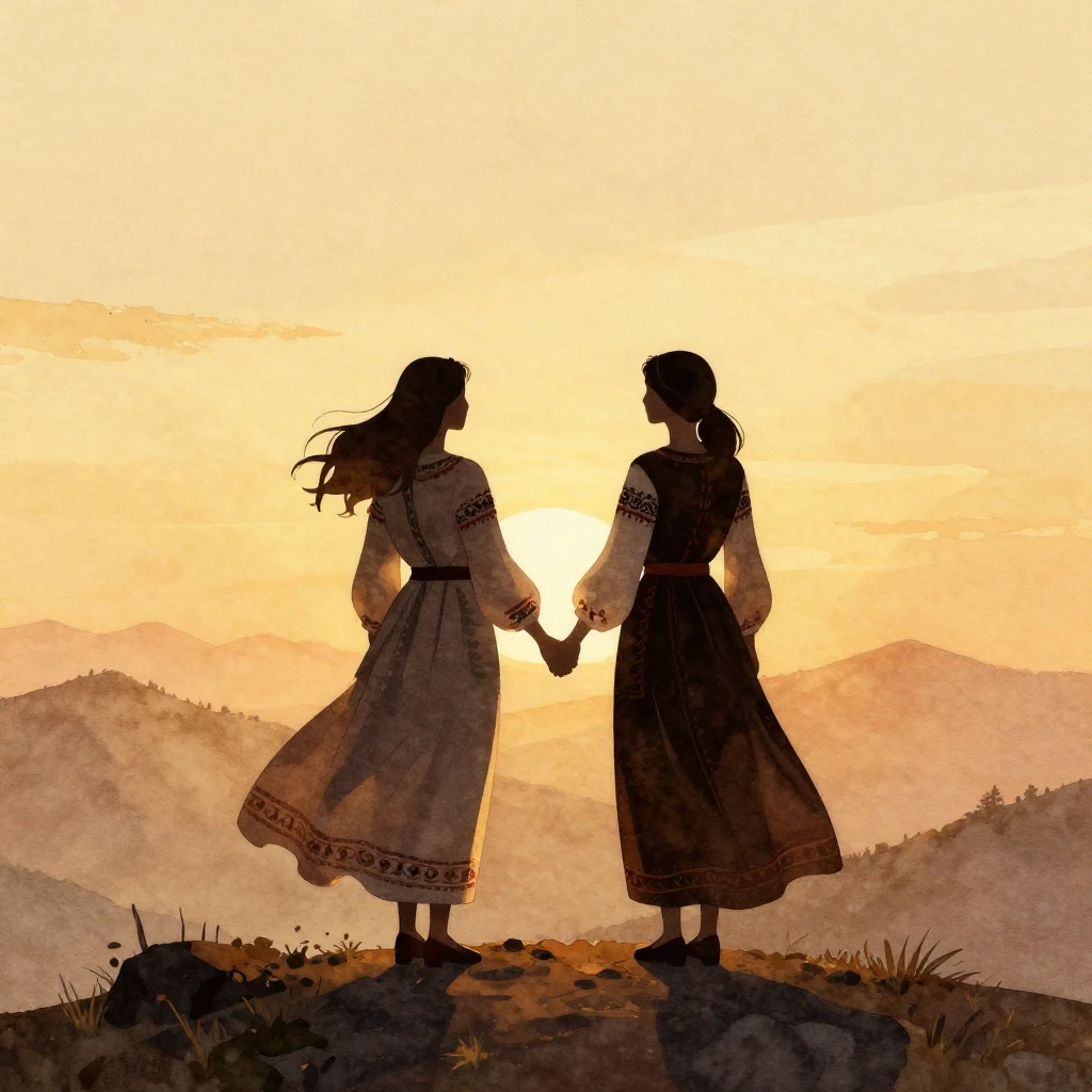 Watercolor style. Silhouettes of two women in flowing tradit...