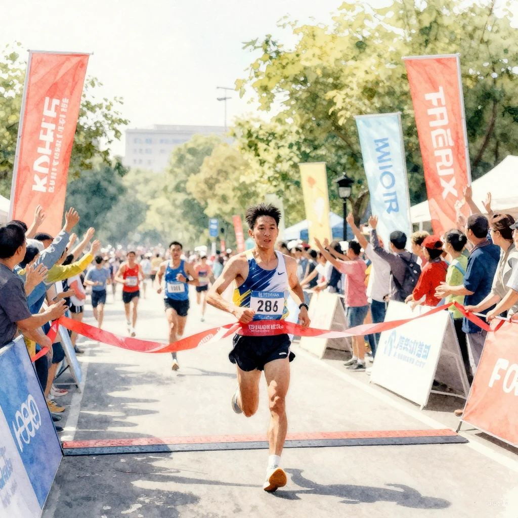 A vibrant watercolor scene of a runner crossing a finish lin...