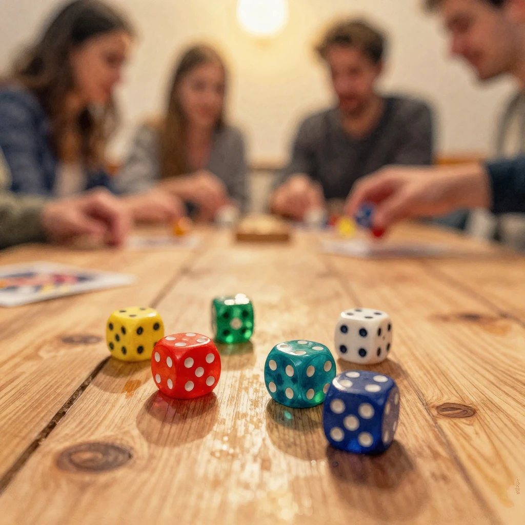 Watercolor painting of a close-up on colorful dice rolling o...