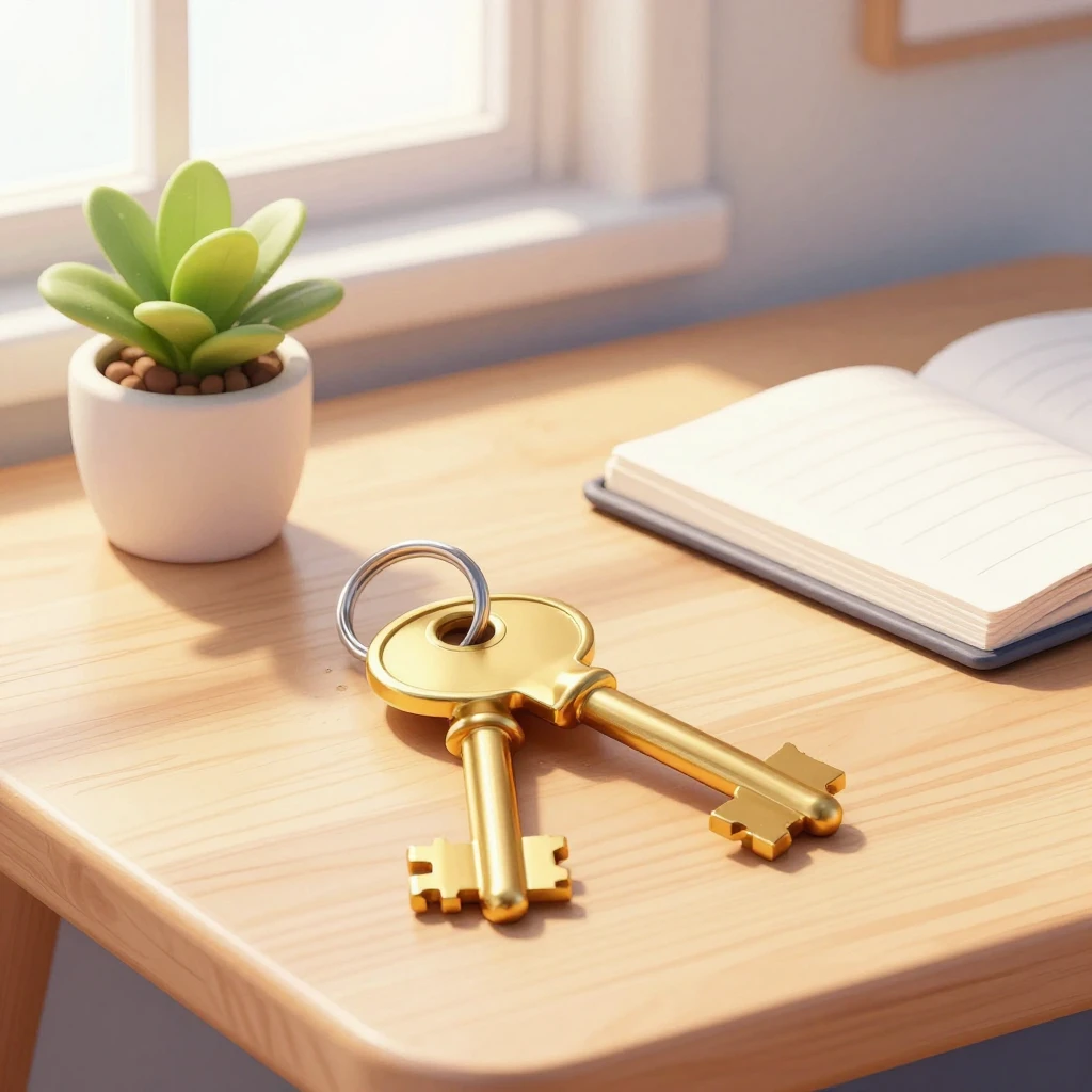 Watercolor style illustration of a set of golden keys restin...