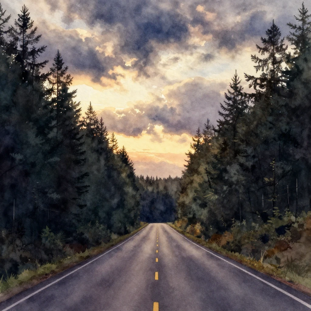 A watercolor painting depicting a long, winding road leading...