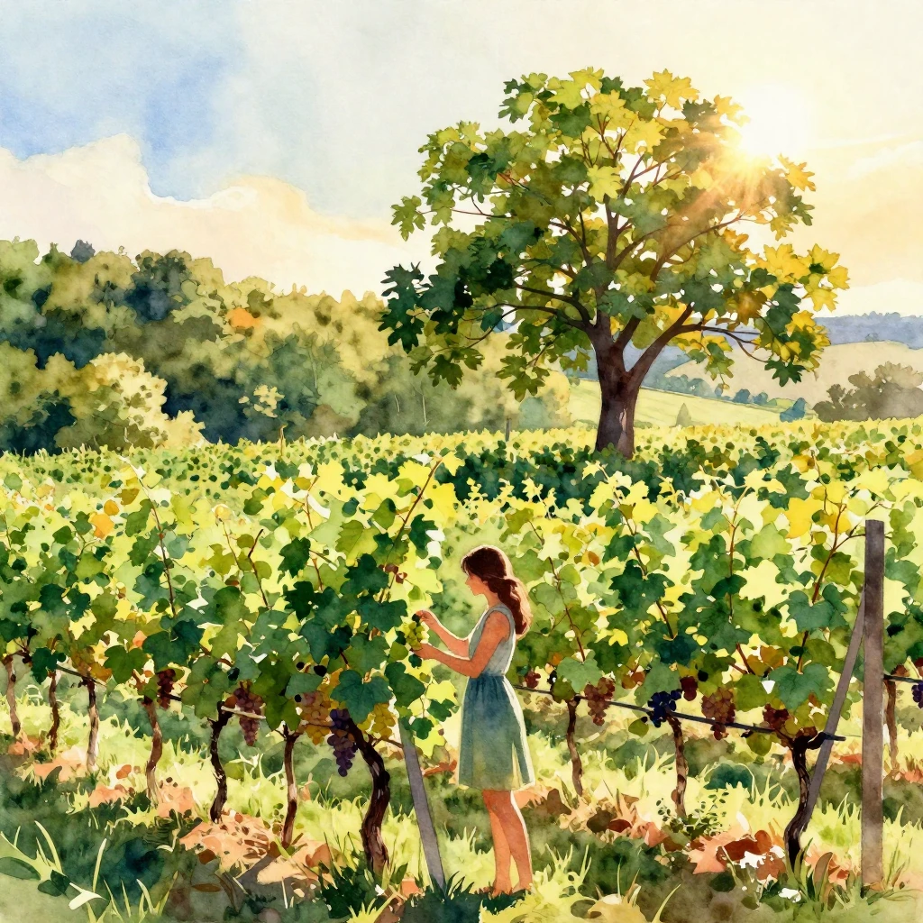 Vibrant watercolor painting of a sun-drenched vineyard in Mo...