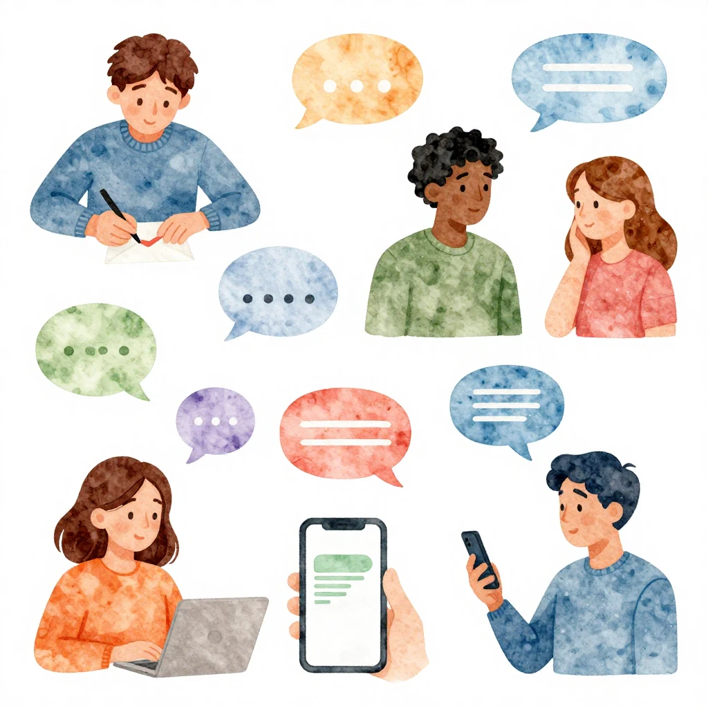 A watercolor illustration showing various forms of communica...