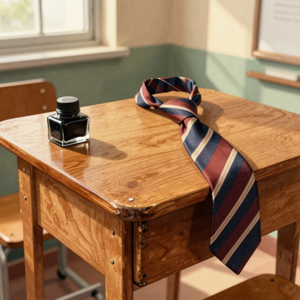 Artistic rendering of a vintage wooden school desk close-up ...