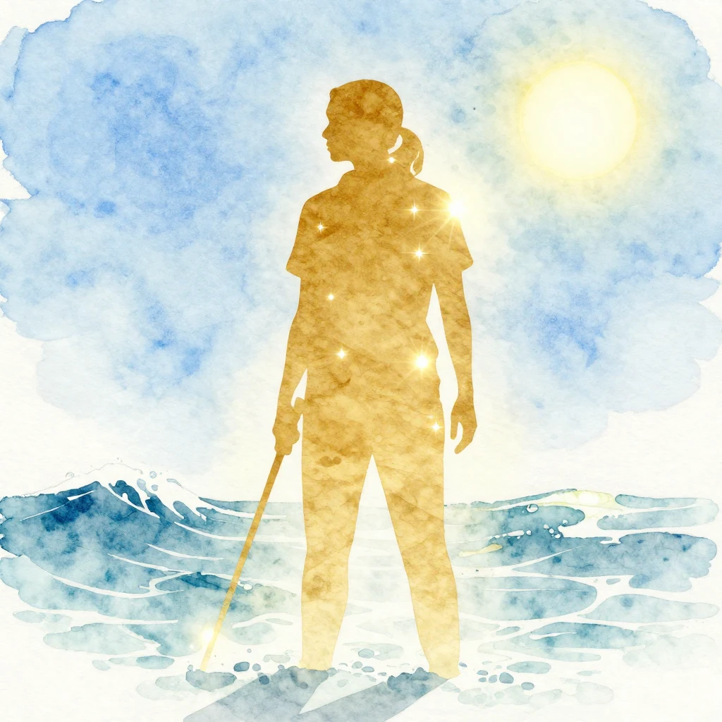 A watercolor painting of a golden silhouette of a female coa...