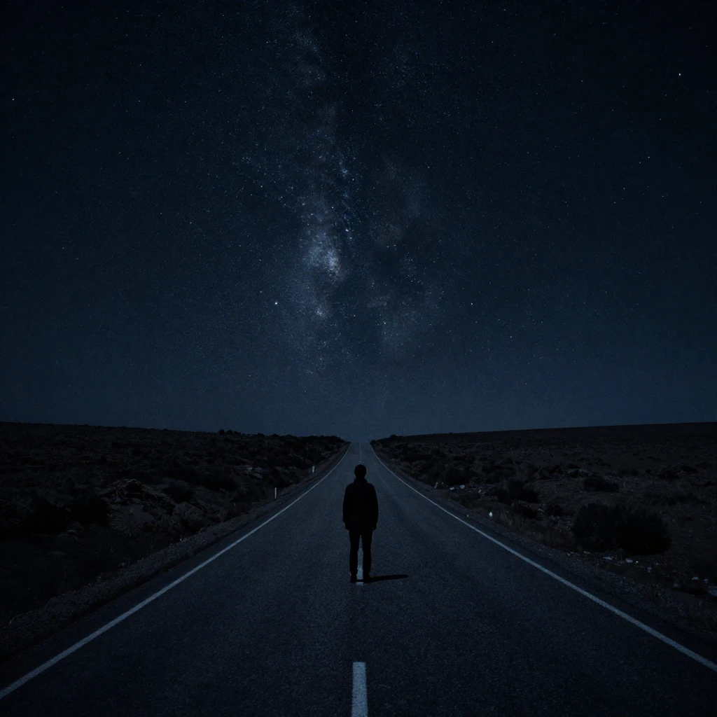 A winding, dimly lit road stretching into the distance under...