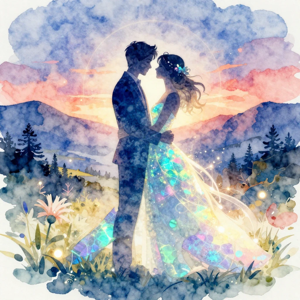 Vibrant watercolor illustration of an opal wedding anniversa...
