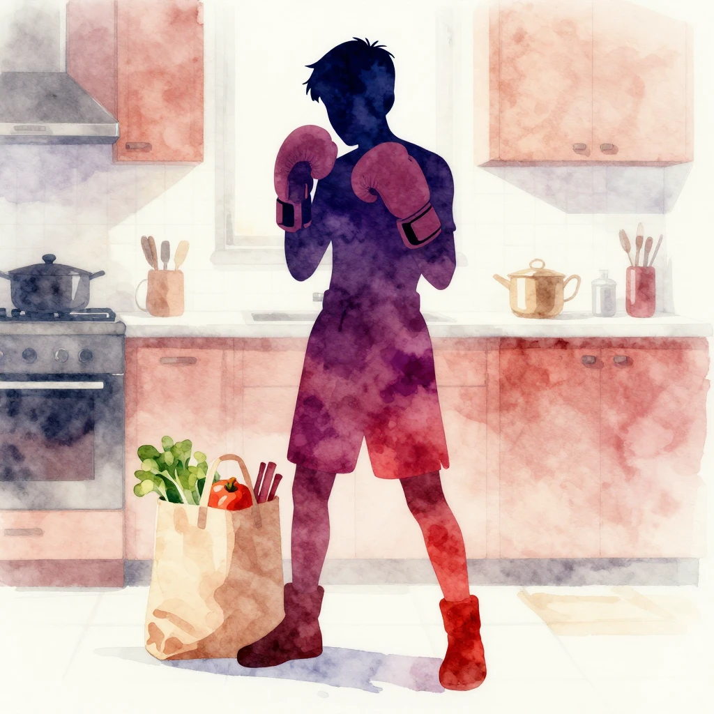 Watercolor style silhouette of a teenager in boxing gloves s...