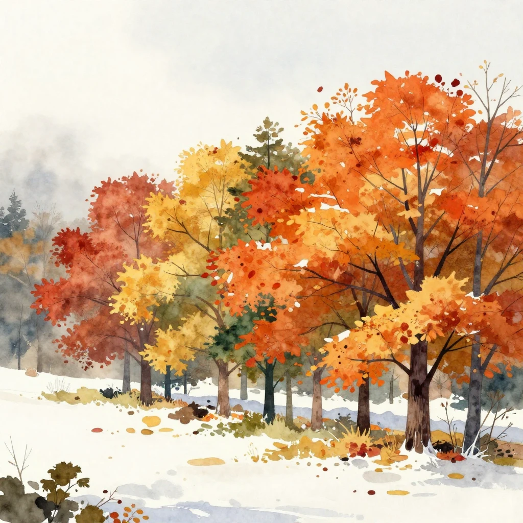 A landscape scene showing a clear line where vibrant autumn ...