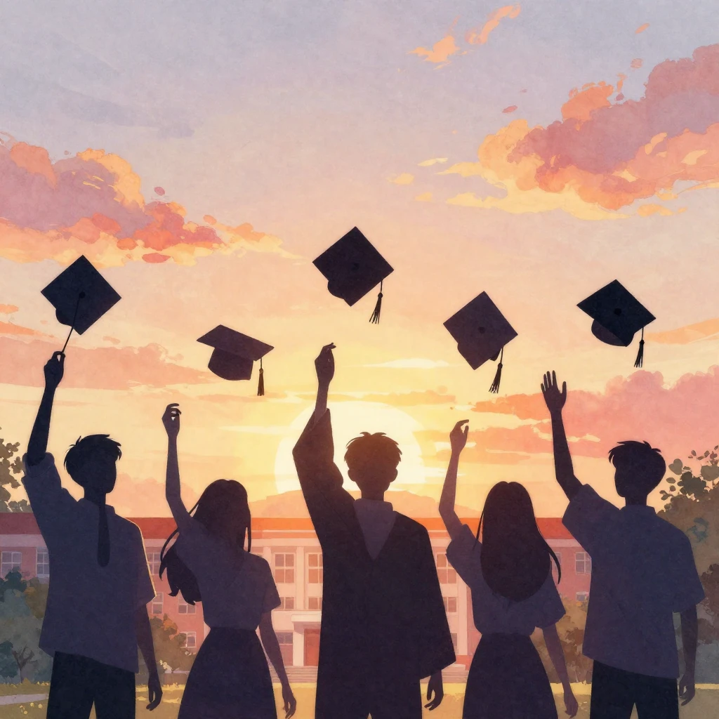 A vibrant silhouette of a group of students jubilantly throw...