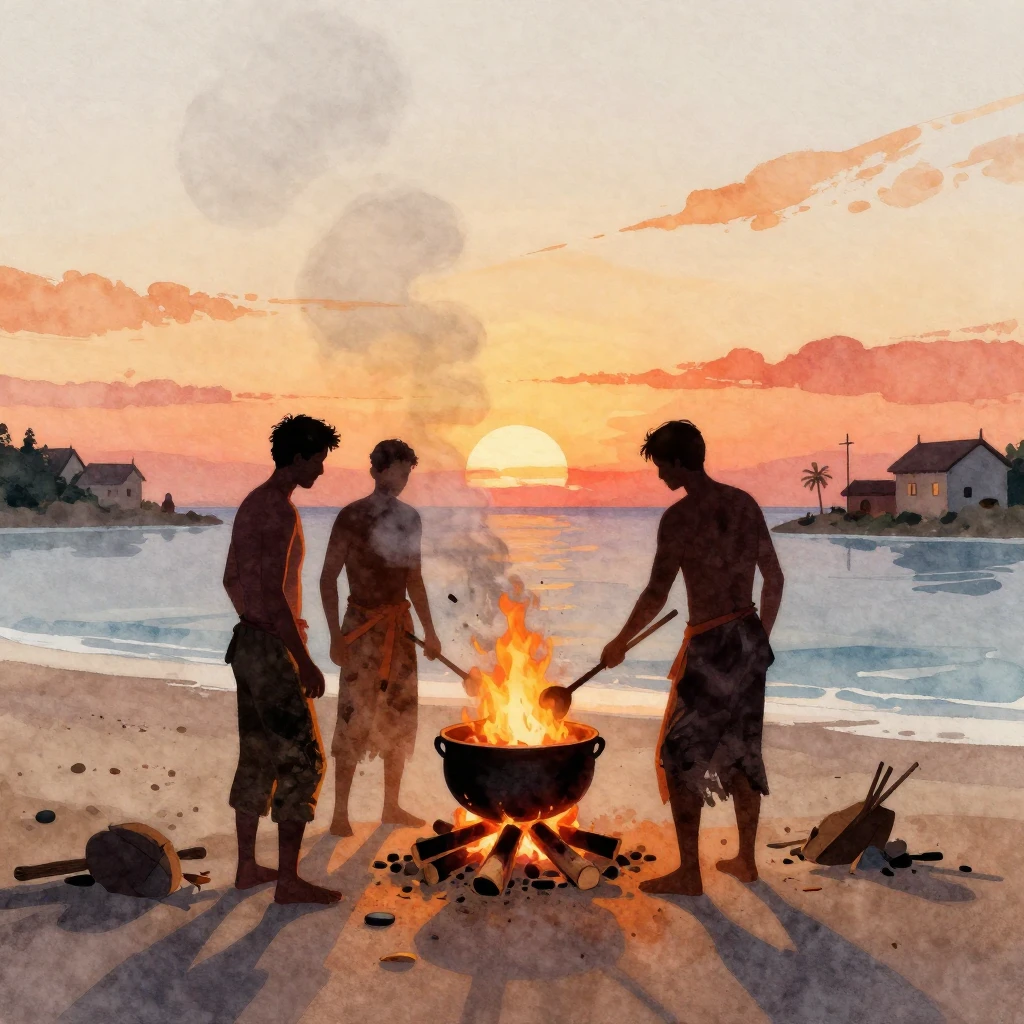 A watercolor digital painting of three men's silhouettes sta...